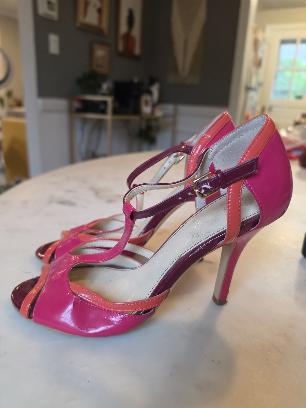 Isola Pink and Coral Patent T Strap High Heels Size 8 Y2k